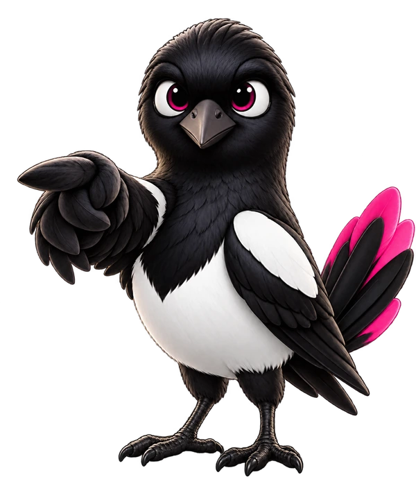 MoreMagpie's magpie looking at you and pointing forward